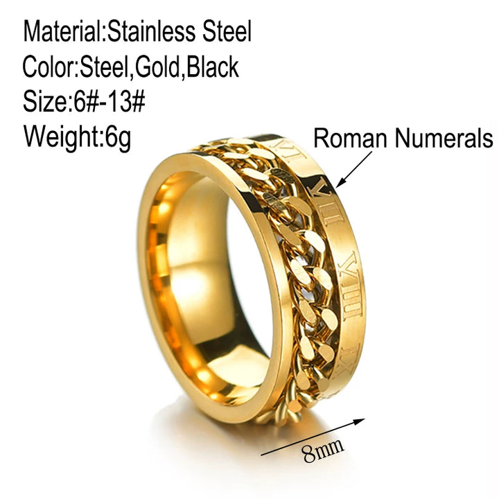 Rings Gold Color Stainless Steel Rotatable Chain Ring For Men Boys