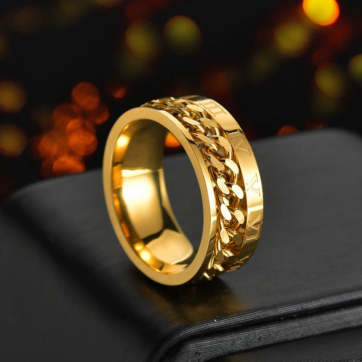 Rings Gold Color Stainless Steel Rotatable Chain Ring For Men Boys