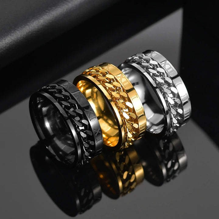 Rings Gold Color Stainless Steel Rotatable Chain Ring For Men Boys