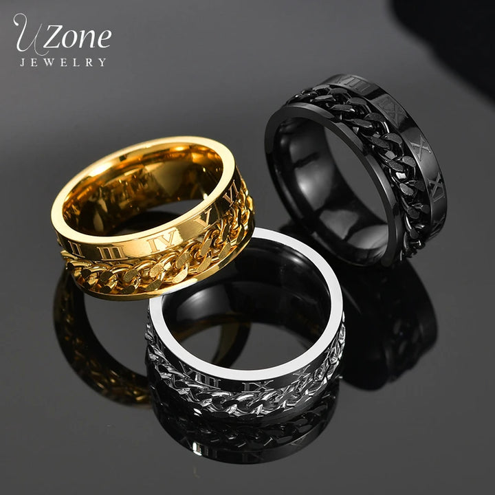 Rings Gold Color Stainless Steel Rotatable Chain Ring For Men Boys