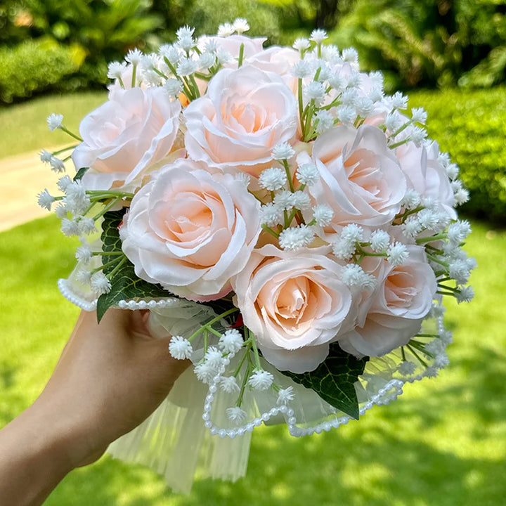 Wedding Bouquets for Bride Babysbreath Rose Bridesmaid Bouquets Silk Ribbon