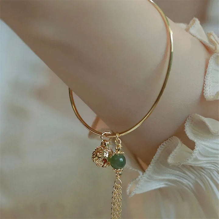 Imitation Jade Lucky Stone Bead Bell Tassel Bracelet for Women