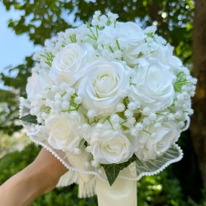 Wedding Bouquets for Bride Babysbreath Rose Bridesmaid Bouquets Silk Ribbon