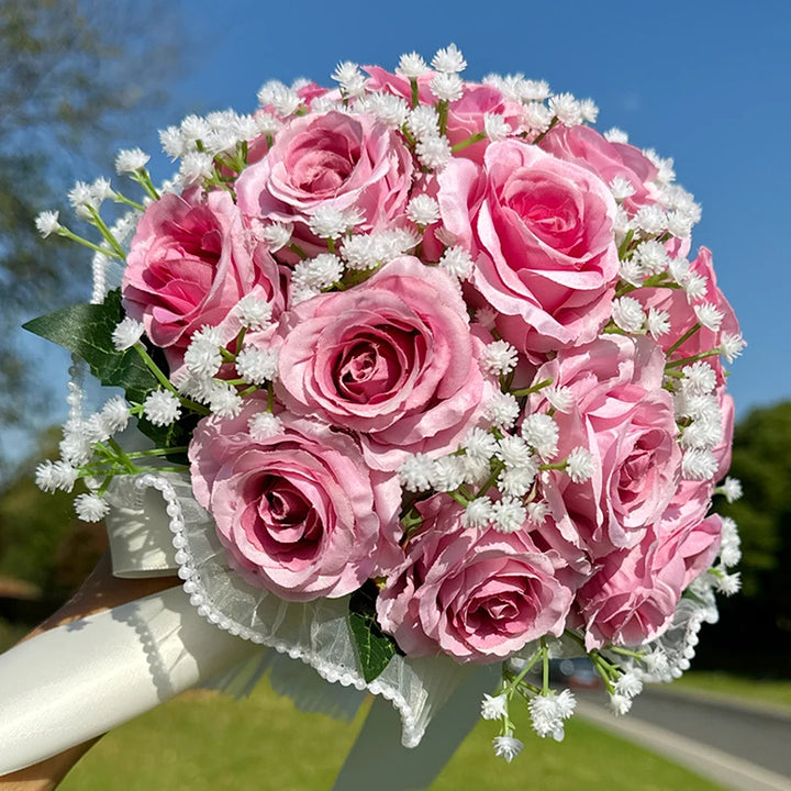 Wedding Bouquets for Bride Babysbreath Rose Bridesmaid Bouquets Silk Ribbon