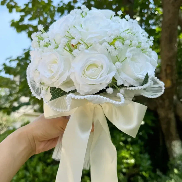 Wedding Bouquets for Bride Babysbreath Rose Bridesmaid Bouquets Silk Ribbon