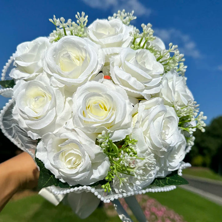 Wedding Bouquets for Bride Babysbreath Rose Bridesmaid Bouquets Silk Ribbon