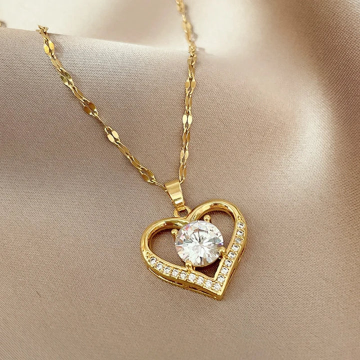 Gems Heart Pendant Necklace for women 2022 Golden Stainless