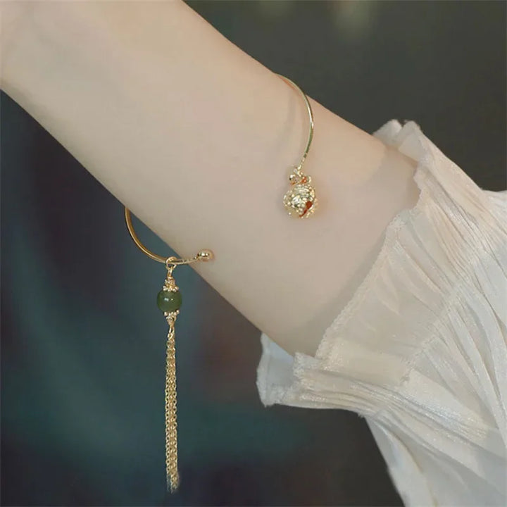 Imitation Jade Lucky Stone Bead Bell Tassel Bracelet for Women