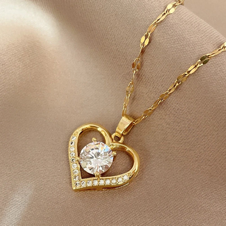 Gems Heart Pendant Necklace for women 2022 Golden Stainless