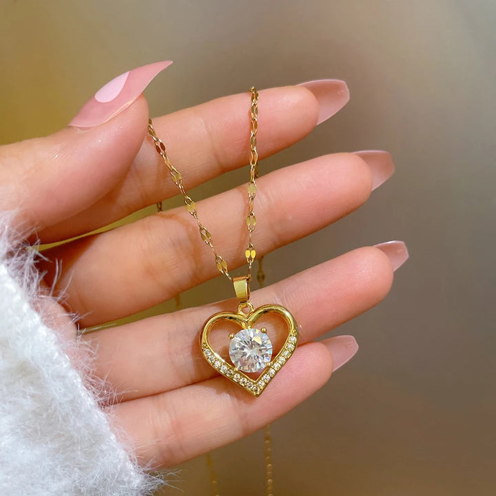 Gems Heart Pendant Necklace for women 2022 Golden Stainless