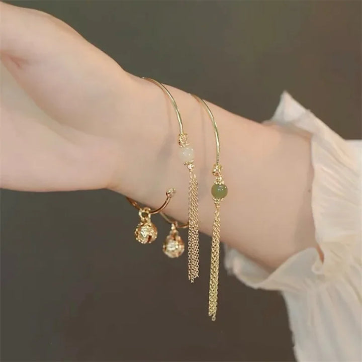 Imitation Jade Lucky Stone Bead Bell Tassel Bracelet for Women