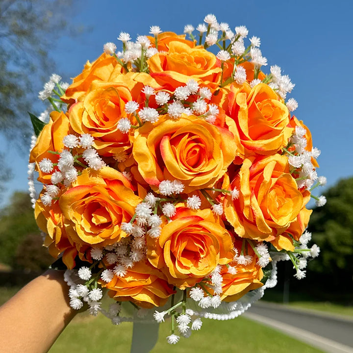 Wedding Bouquets for Bride Babysbreath Rose Bridesmaid Bouquets Silk Ribbon