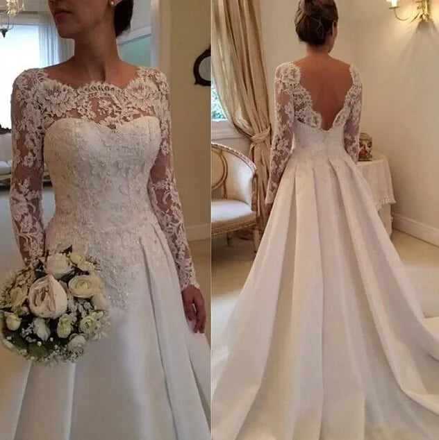 Elegant Backless Wedding Dress 2020 Vintage robe de mariée Lace Satin Long Sleeve Bride Dresses