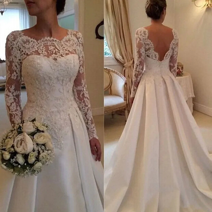 Elegant Backless Wedding Dress 2020 Vintage robe de mariée Lace Satin Long Sleeve Bride Dresses