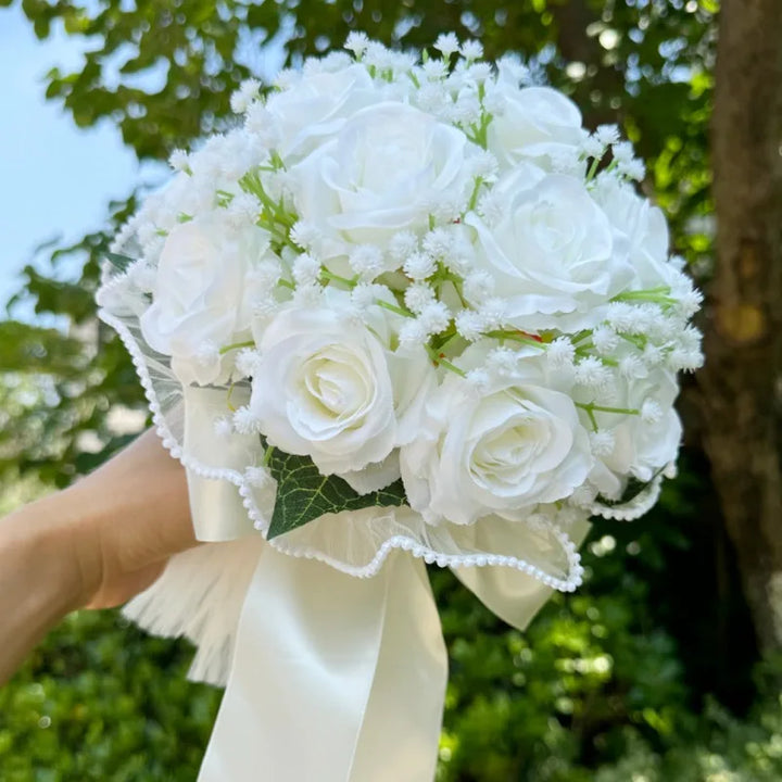 Wedding Bouquets for Bride Babysbreath Rose Bridesmaid Bouquets Silk Ribbon