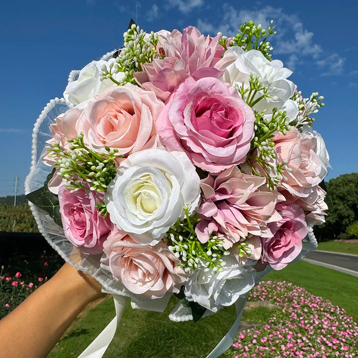 Wedding Bouquets for Bride Babysbreath Rose Bridesmaid Bouquets Silk Ribbon