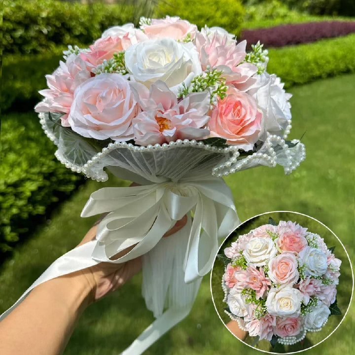 Wedding Bouquets for Bride Babysbreath Rose Bridesmaid Bouquets Silk Ribbon