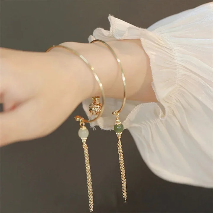 Imitation Jade Lucky Stone Bead Bell Tassel Bracelet for Women