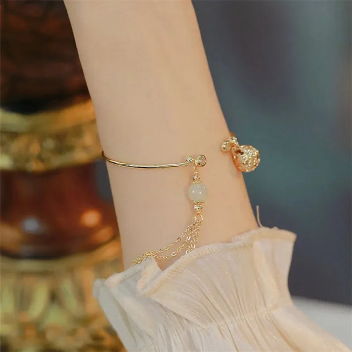 Imitation Jade Lucky Stone Bead Bell Tassel Bracelet for Women