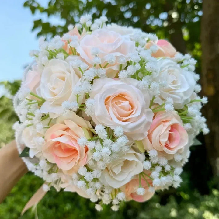 Wedding Bouquets for Bride Babysbreath Rose Bridesmaid Bouquets Silk Ribbon