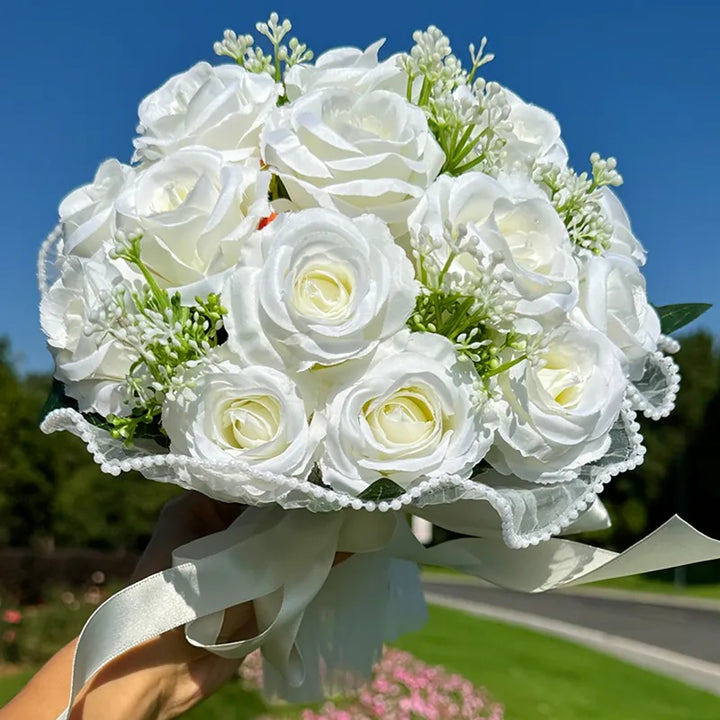 Wedding Bouquets for Bride Babysbreath Rose Bridesmaid Bouquets Silk Ribbon