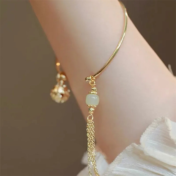 Imitation Jade Lucky Stone Bead Bell Tassel Bracelet for Women