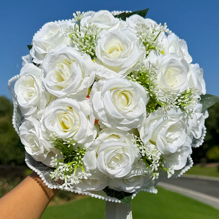 Wedding Bouquets for Bride Babysbreath Rose Bridesmaid Bouquets Silk Ribbon