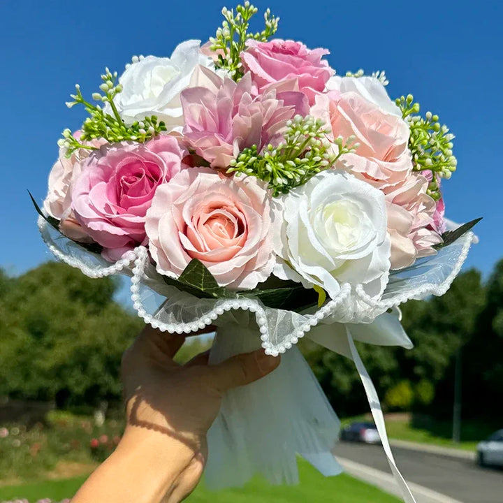 Wedding Bouquets for Bride Babysbreath Rose Bridesmaid Bouquets Silk Ribbon