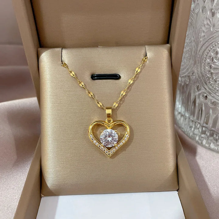 Gems Heart Pendant Necklace for women 2022 Golden Stainless