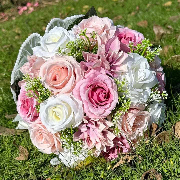 Wedding Bouquets for Bride Babysbreath Rose Bridesmaid Bouquets Silk Ribbon