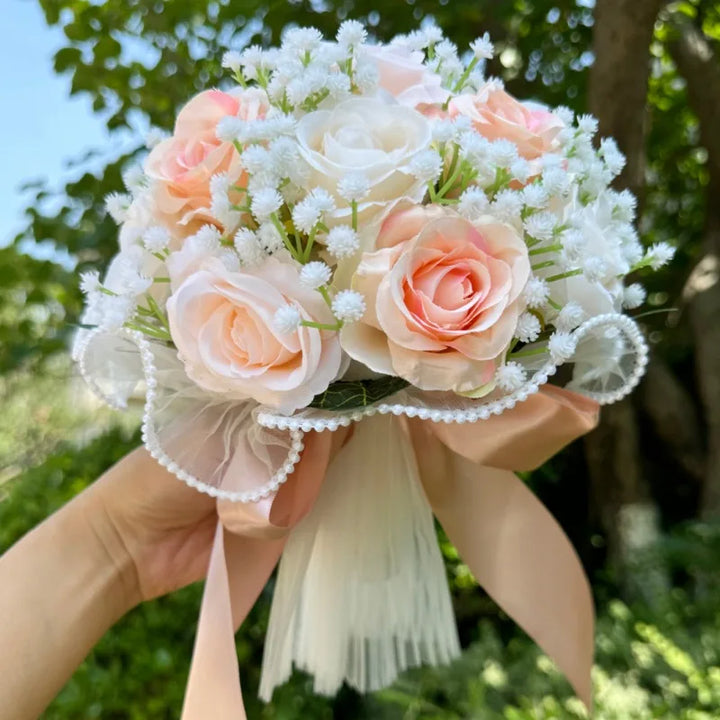 Wedding Bouquets for Bride Babysbreath Rose Bridesmaid Bouquets Silk Ribbon